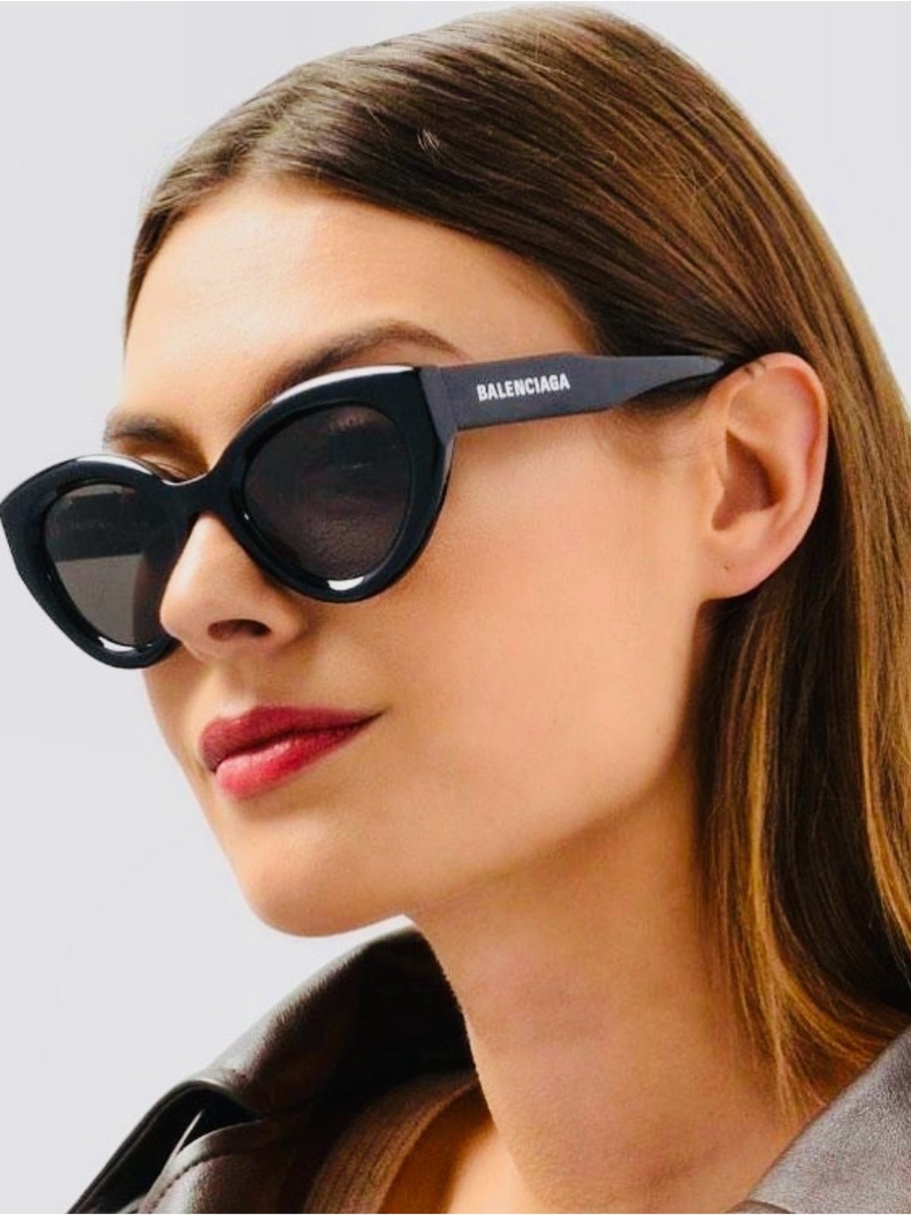 Balenciaga Glossy Black Cat-Eye Sunglasses with Logo Temple BB0073S